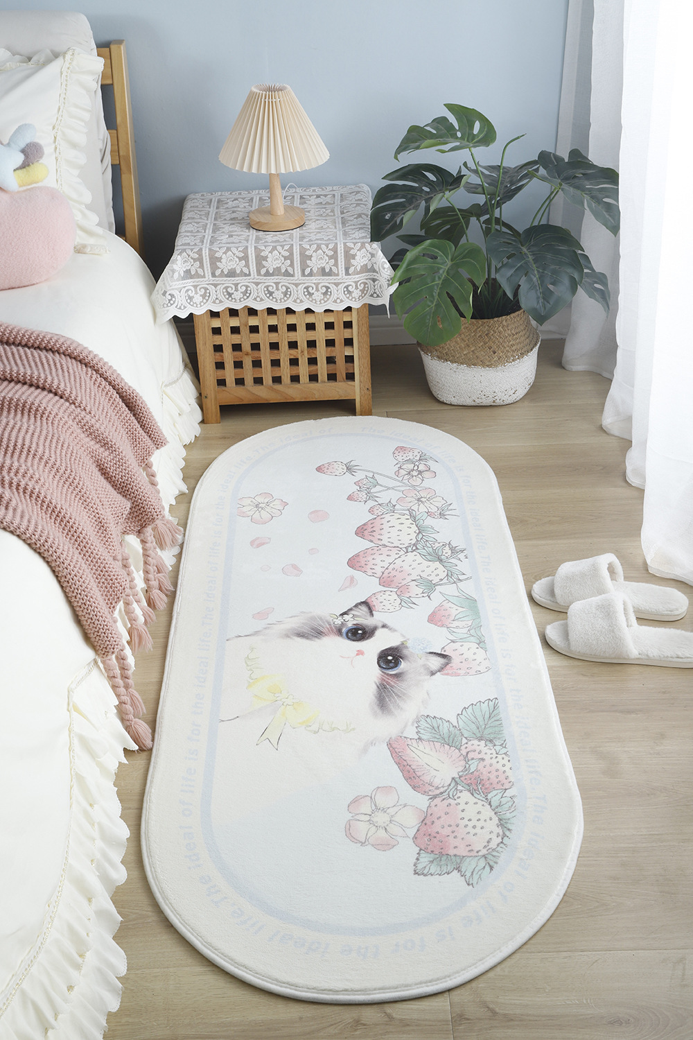 Soft bedside blanket for cute pets in home bedroom, cute bay window mat for young girls, oval thickened pet carpet pic 24