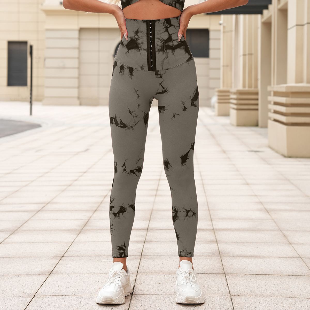 新品无缝扎染瑜伽裤高腰收腹排扣紧身裤提臀健身裤跑步塑身运动裤详情27