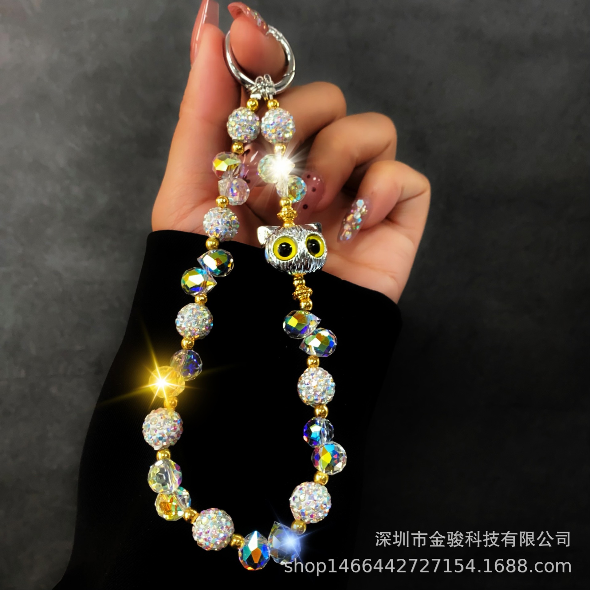 手机链条高级感 立体水晶蝴蝶结钥匙挂链 珍珠手机挂绳手腕款批发详情8