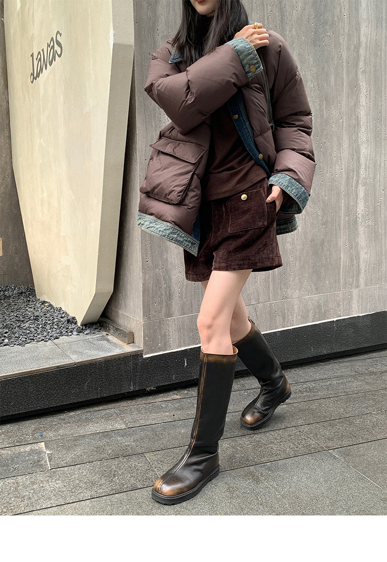 Qumeng DT CLASSIC Retro patchwork fake two-piece denim down jacket for women, 90 white duck down winter coat for women pic 17