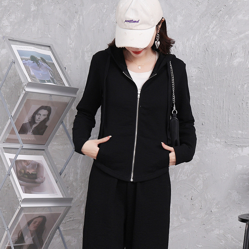 Early spring pure cotton fashionable casual set for women, loose, sporty and slimming straight-leg high-waisted wide-leg pants, zipper hooded jacket pic 38