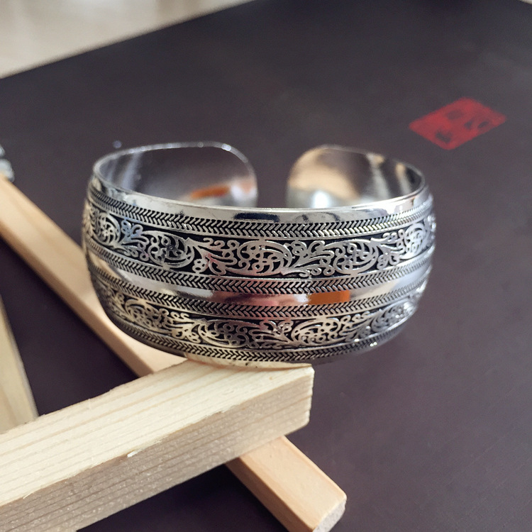Retro ethnic style silver bracelet, European and American carved wide opening bracelet, fashionable and individual Miao silver aged ancient-style jewelry pic 22