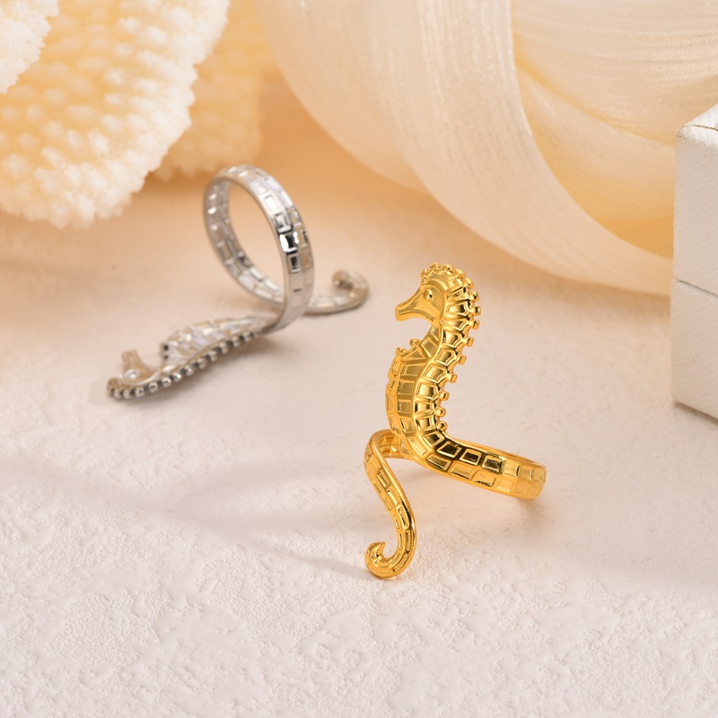 Wholesale of 18k gold stainless steel seahorse open ring with Marine elements in the classic INS style of Europe and America, which does not fade pic 19