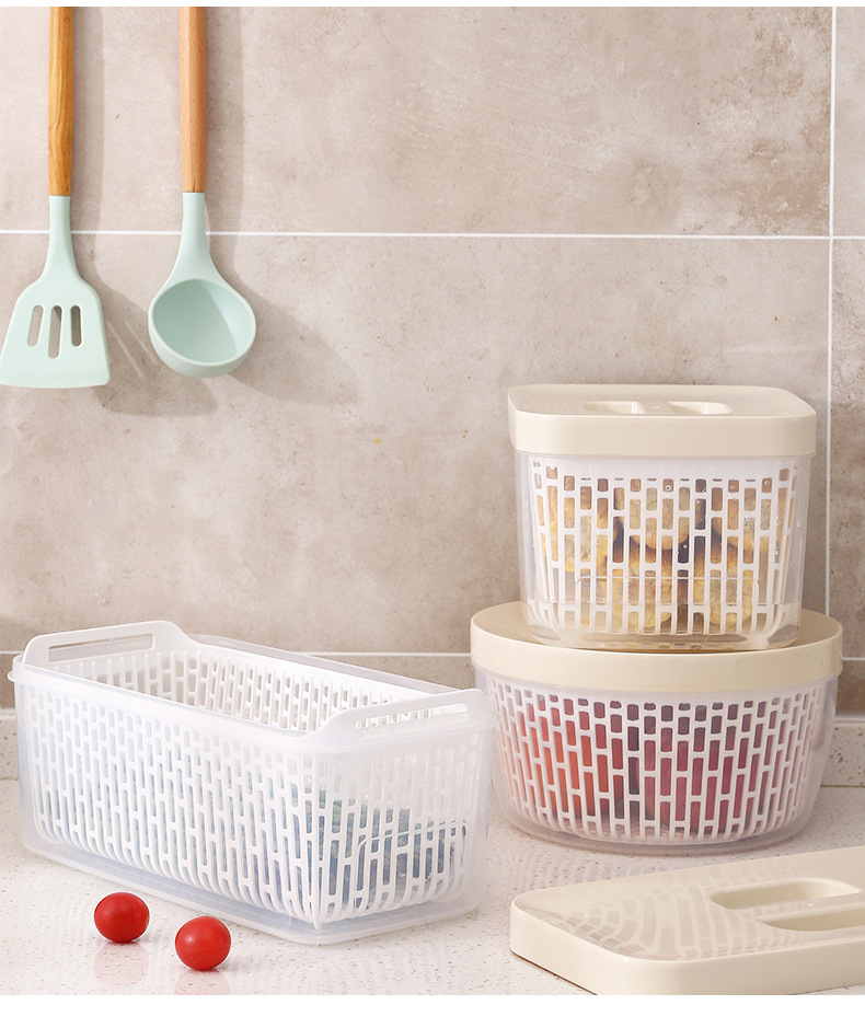 Multi-layer draining hand-held vegetable washing baskets, double-layer covered draining baskets, food storage boxes, household refrigerators, food storage boxes, kitchen plastic wholesale pic 13