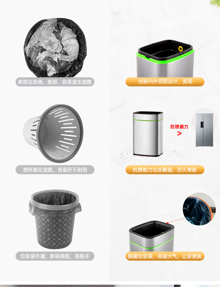 家尚嘉批发简约现代家用厨房客厅卫生间无盖压圈方形不锈钢垃圾桶详情6