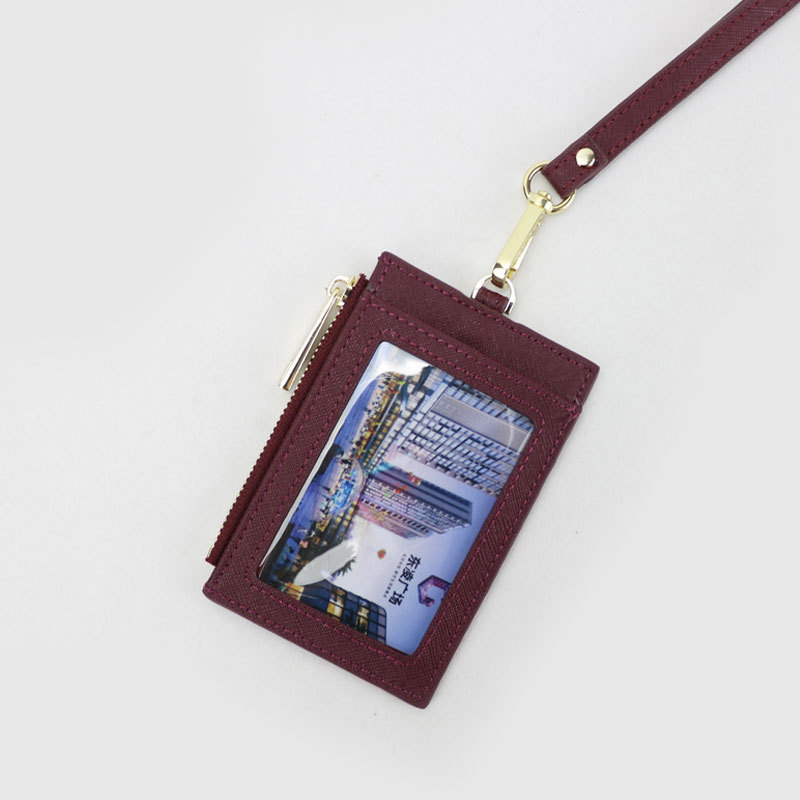 Genuine cowhide brand ID card holder, portable work name tag, employee name tag, cross-patterned neck-hanging, zipper card case, coin purse pic 47