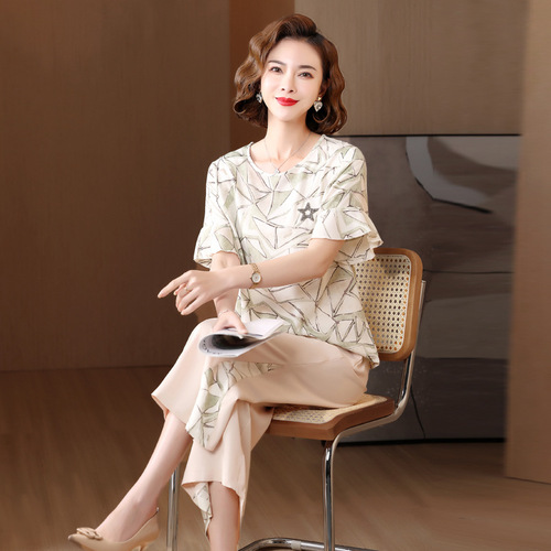 中年妈妈夏装棉麻套装洋气2024新款中老年女夏季短袖衬衫上衣薄款详情14