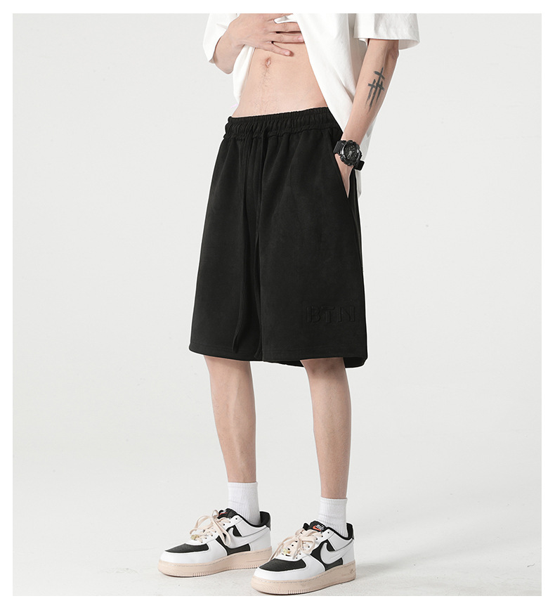 休闲短裤男生夏季新款麂皮绒宽松弹力五分裤美式钢印直筒运动裤子 pic 12