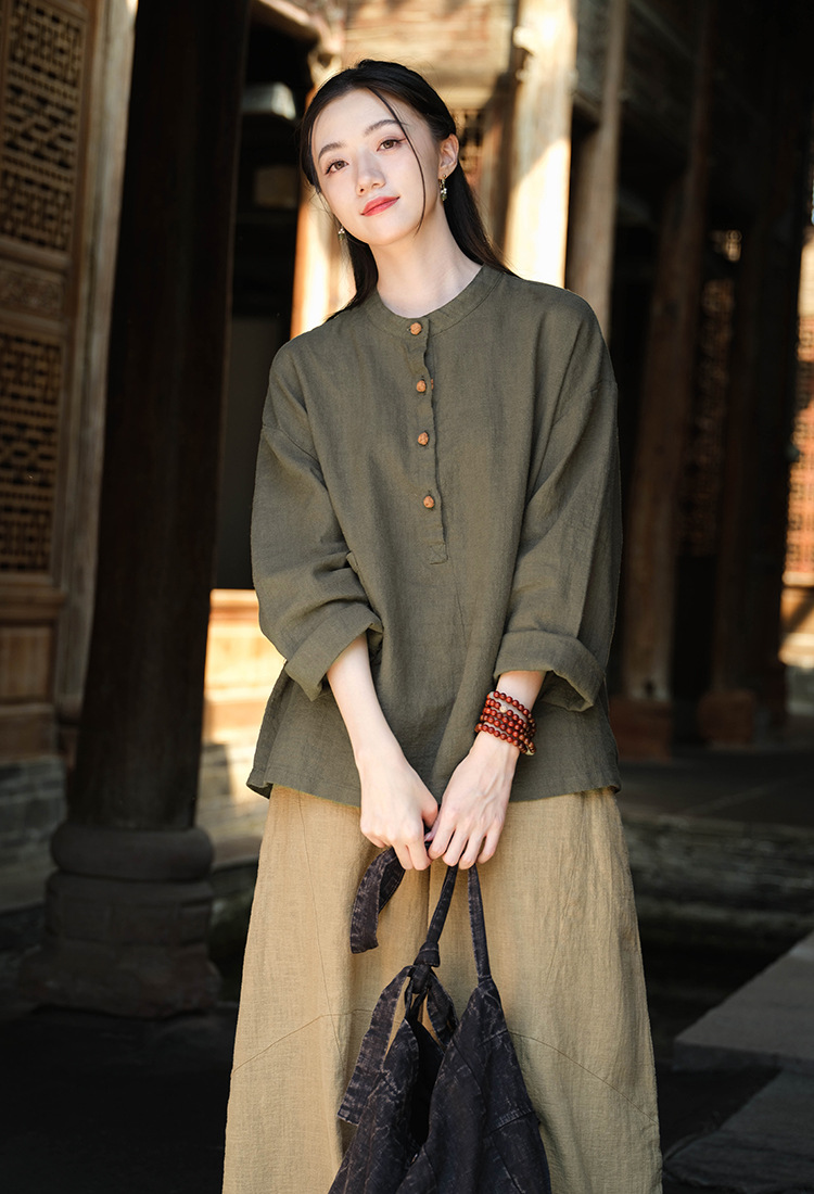 2024春夏棉麻女装新品亚麻立领拼色盘扣套头大码上衣女式棉麻衬衫详情15