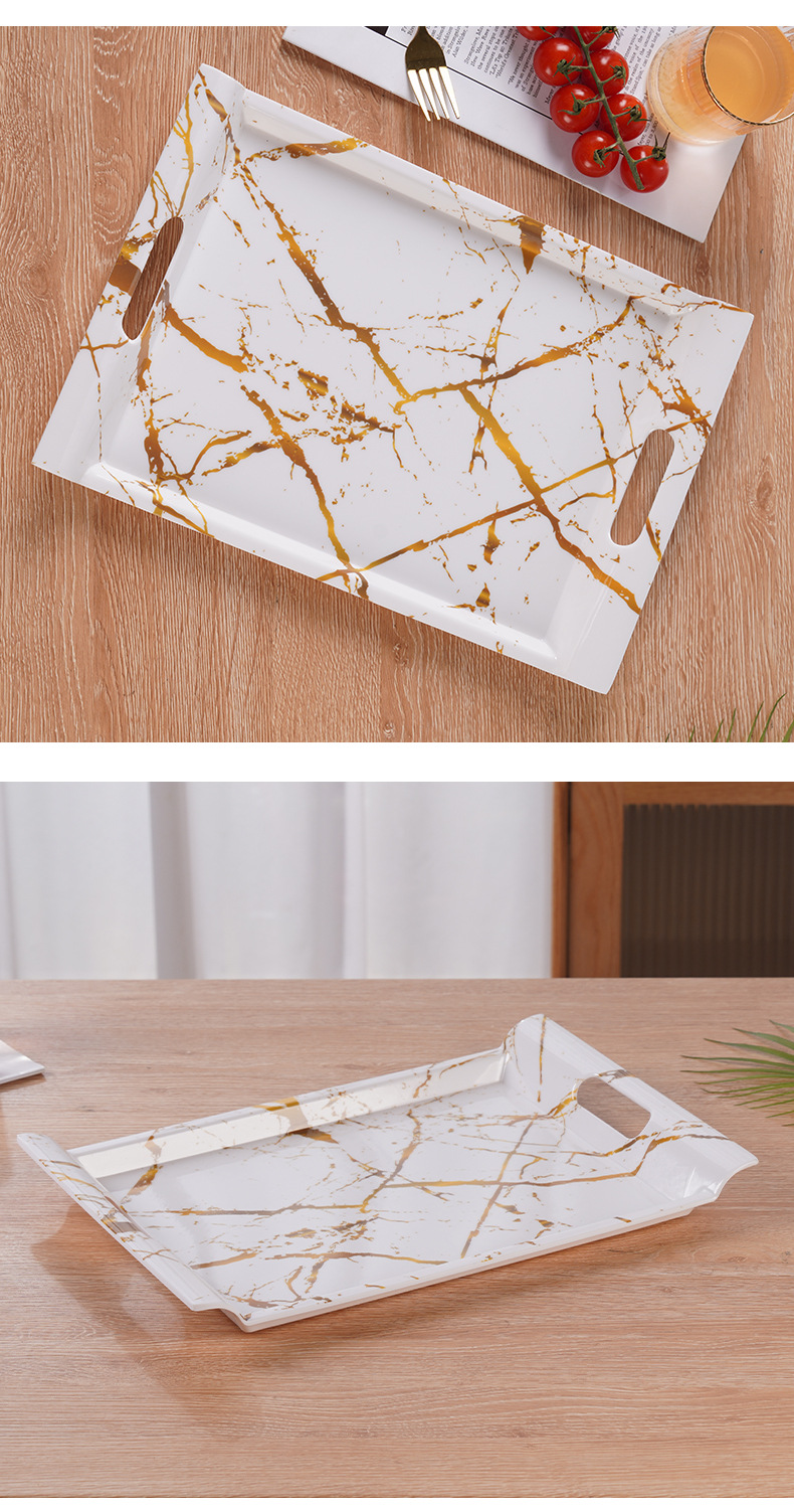 Double-ear faux porcelain melamine rectangular double-ear marble-patterned tray, tea set tray, fruit tray, gift box packaging pic 21