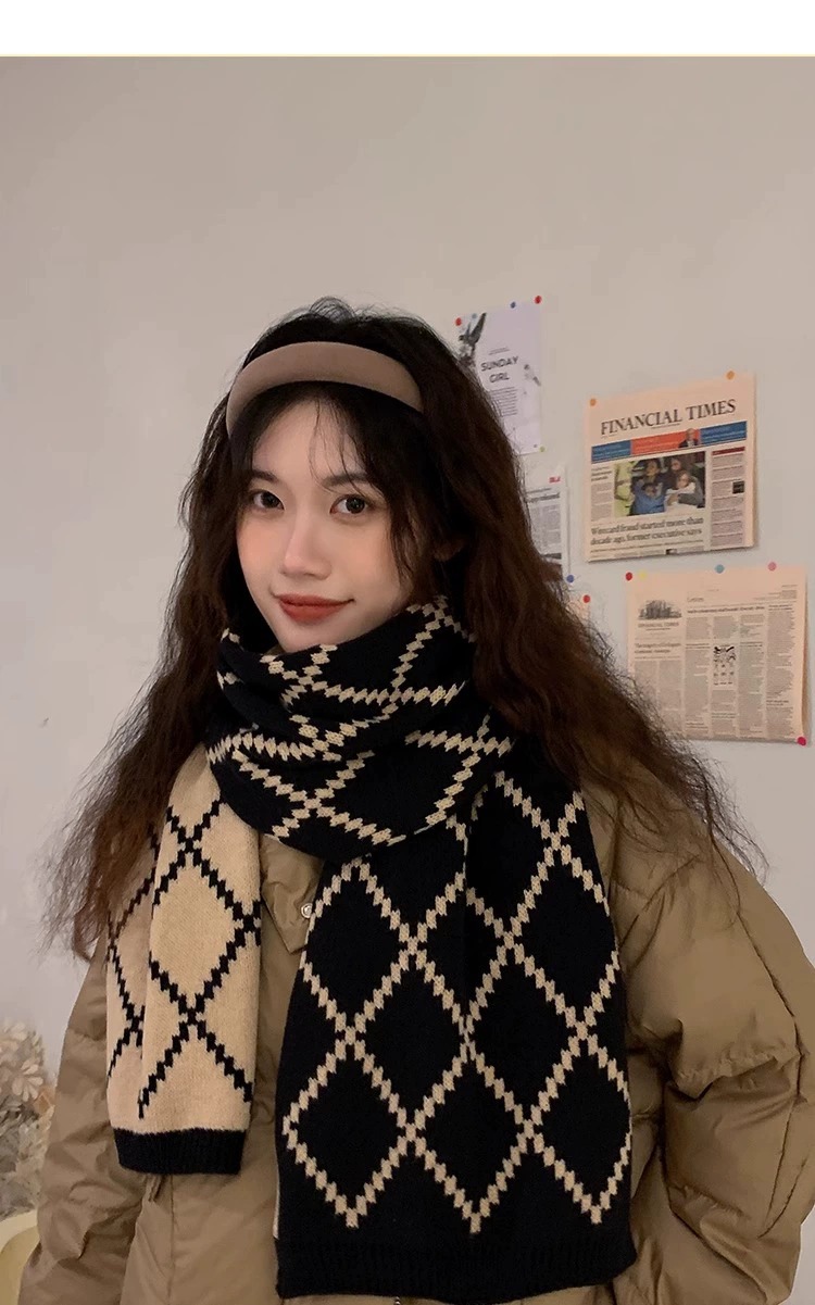 围巾女秋冬款韩版格子双面菱形围巾情侣高档百搭毛线围脖双面保暖详情11