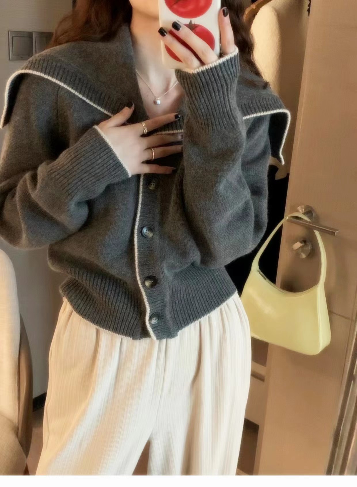 High-end navy neck knitted wool cardigan for women, loose, laid-back and slimming thick sweater coat for autumn and winter pic 8