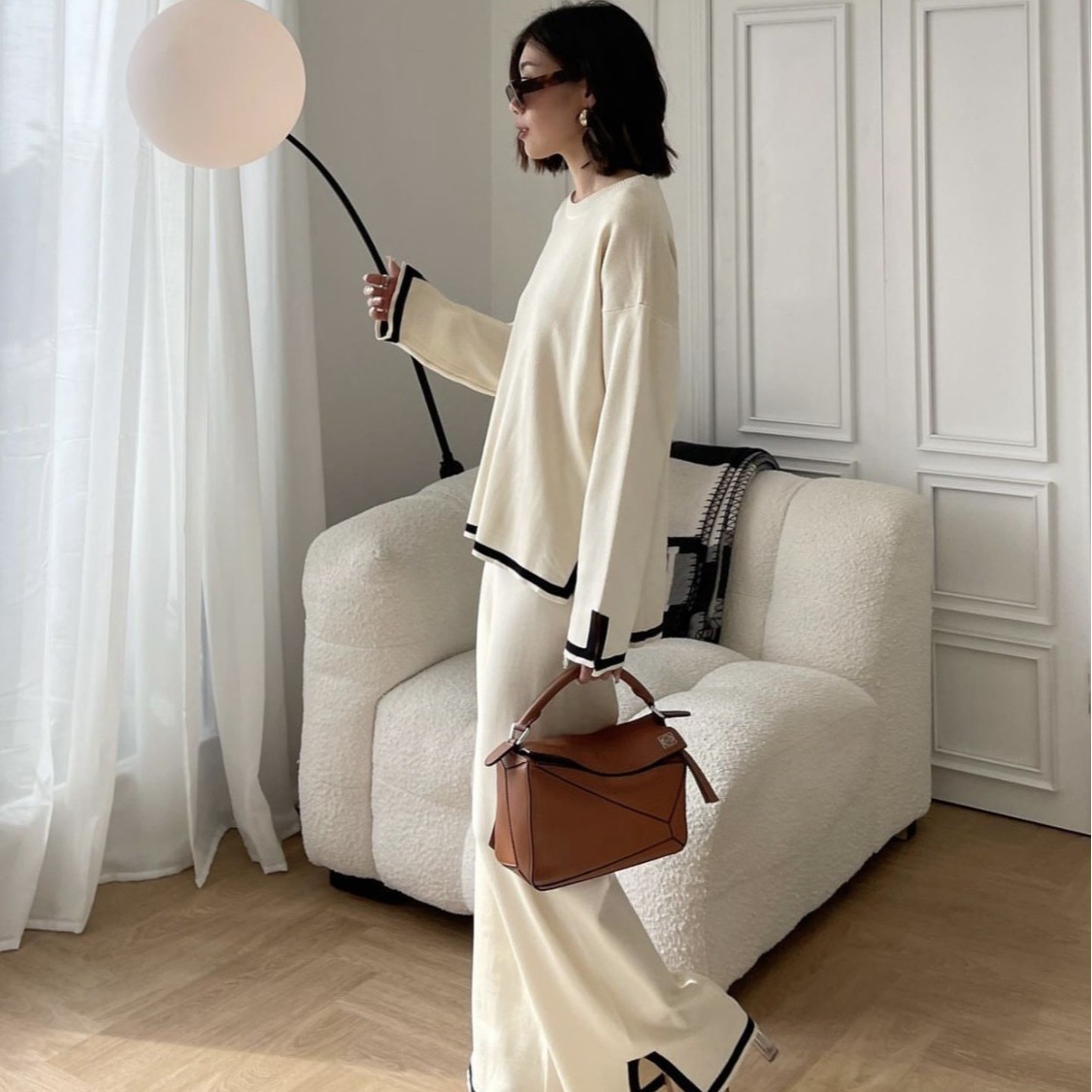 A two-piece Korean-style loose striped knitted top and casual high-waisted, sagging knitted wide-leg pants pic 1