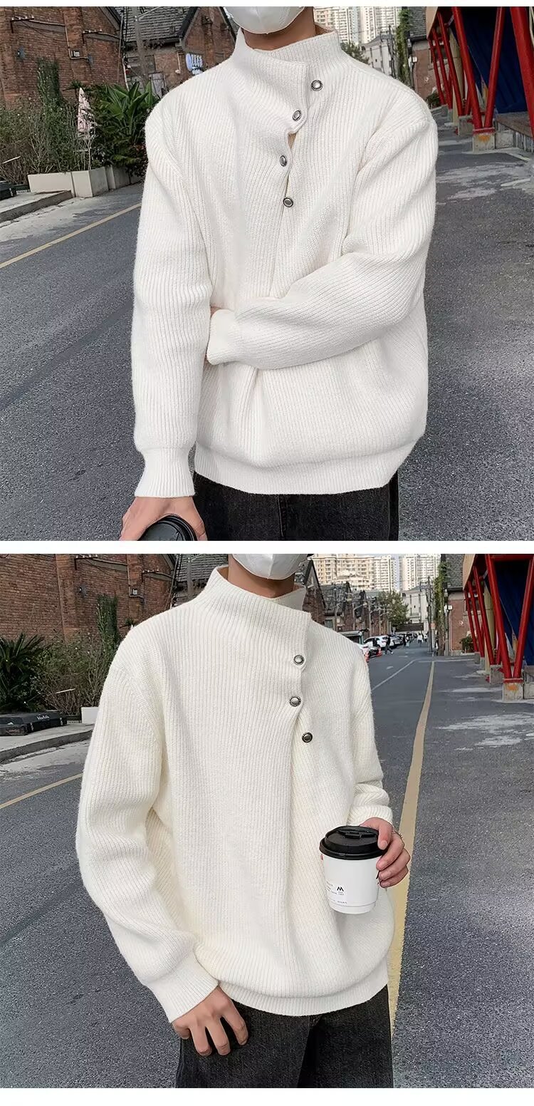 A high-neck sweater with an irregular button design, a stylish and laid-back oversized knitted top from a Korean streetwear brand pic 22