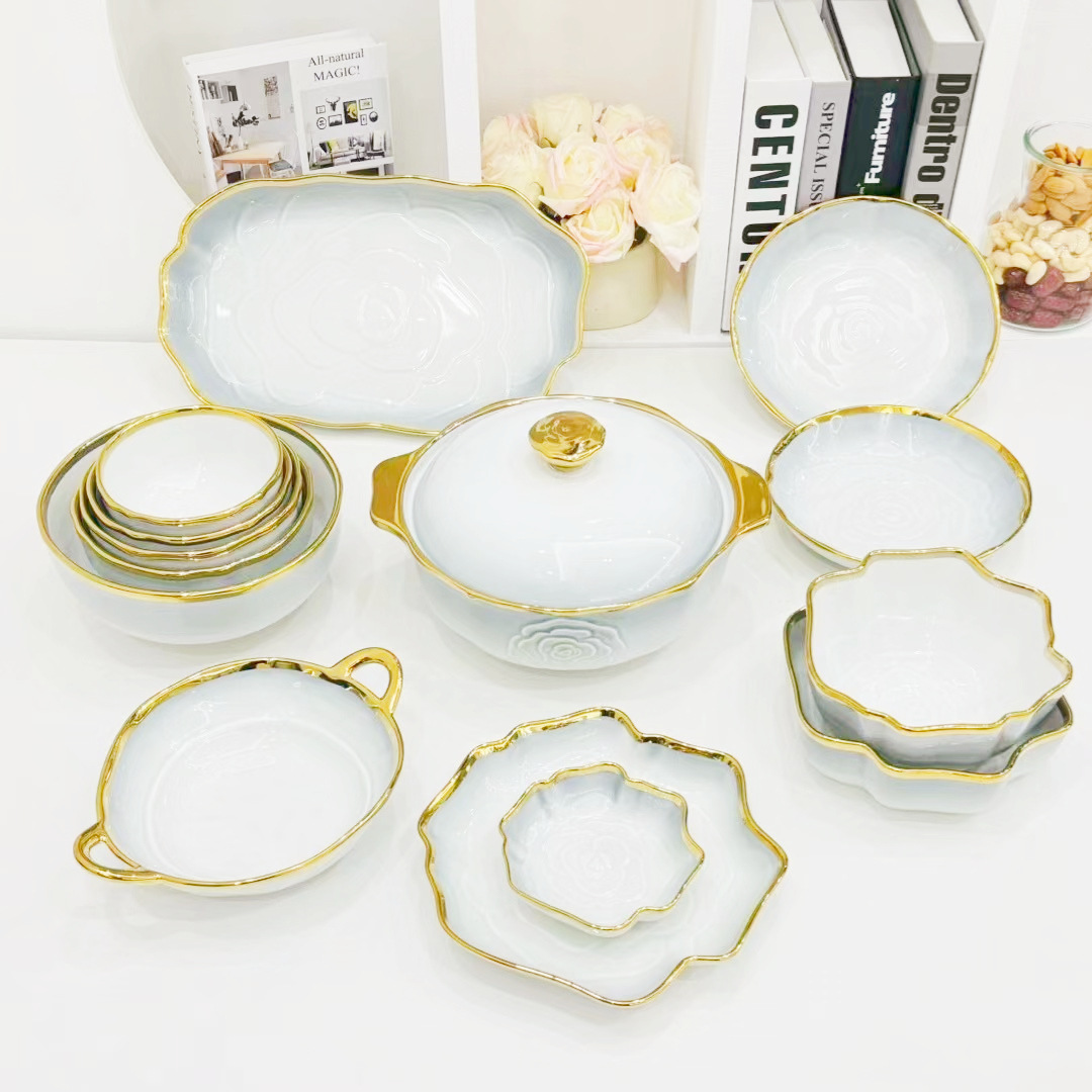 A set of household light luxury and high-end printed bowls, bone China 2024 new style, beautiful ceramic bowls, plates, bowls and tableware pic 11