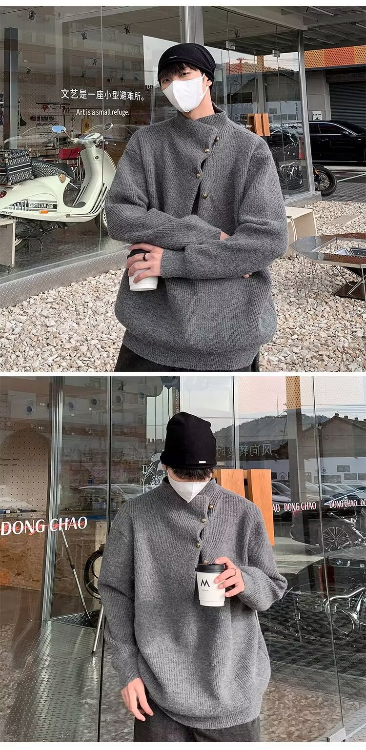 A high-neck sweater with an irregular button design, a stylish and laid-back oversized knitted top from a Korean streetwear brand pic 14