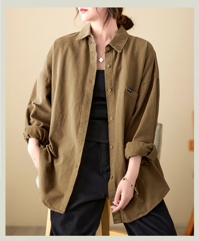 4色入纯色翻领长袖衬衫外套女宽松2024秋季新款文艺大口袋衬衣潮详情22
