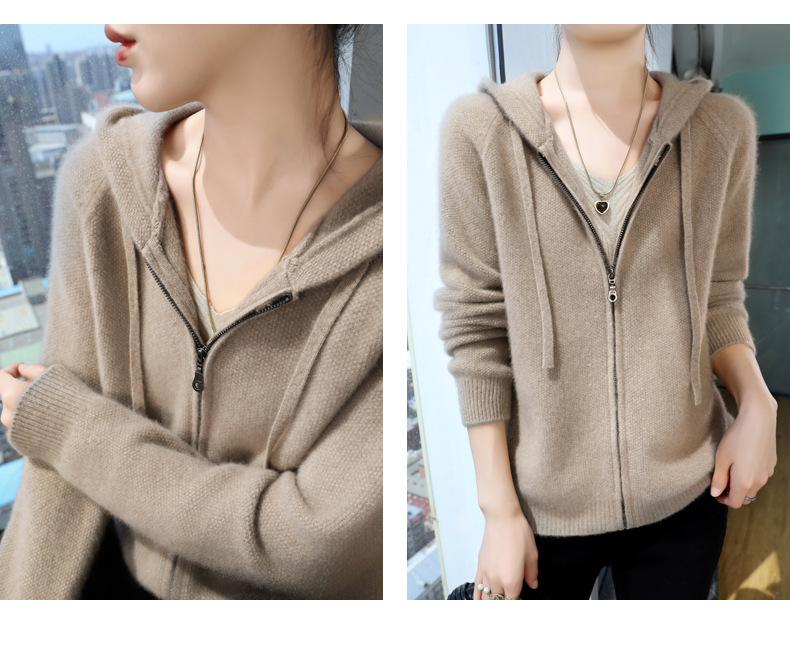 For the autumn and winter of 2024, a woolen hooded thick cardigan for women, a loose zipper knitted sweater, a youthful hoodie, can be paired with an outer jacket pic 12