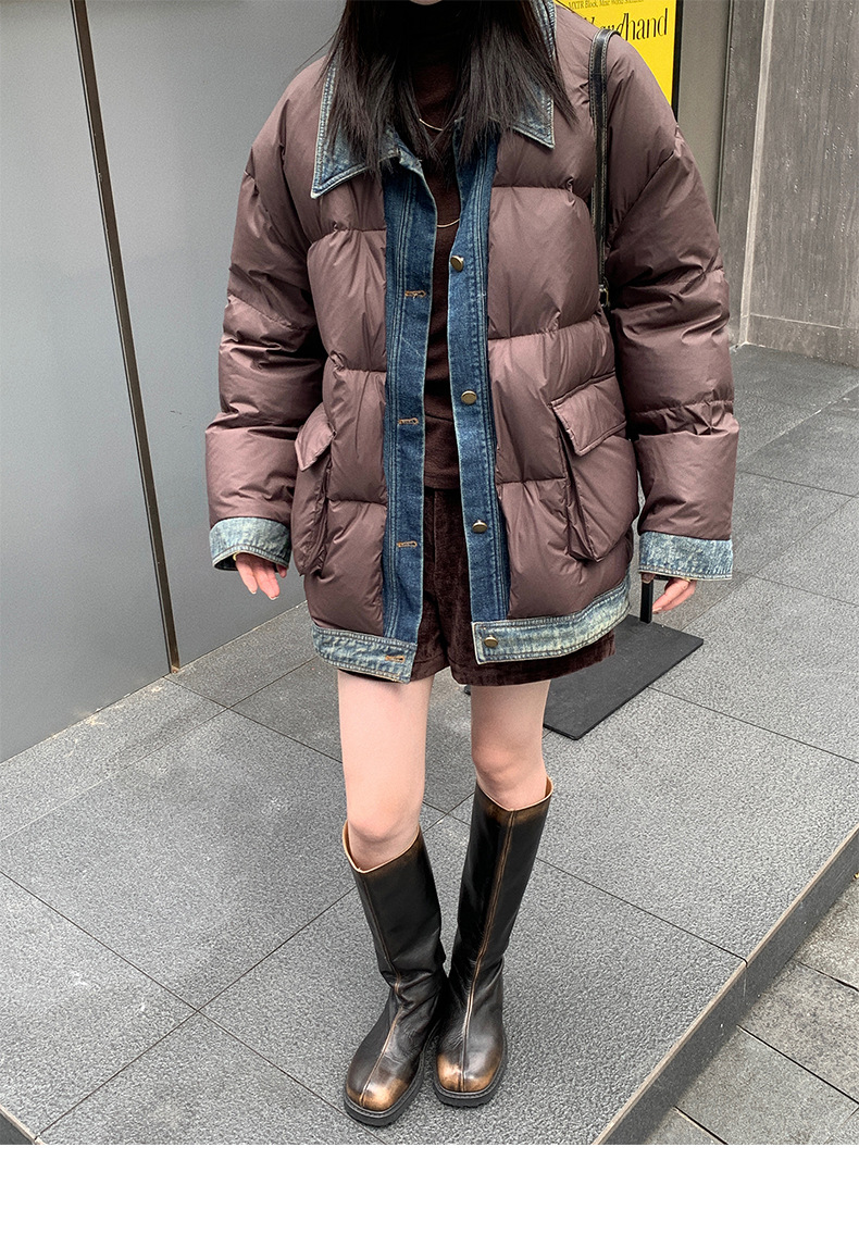 Qumeng DT CLASSIC Retro patchwork fake two-piece denim down jacket for women, 90 white duck down winter coat for women pic 26