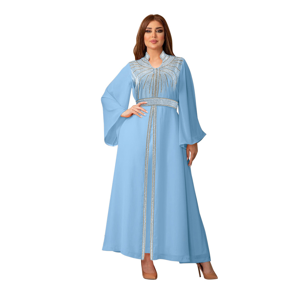 XQY500090 Foreign trade Arab robe, Middle East kaftan fashion Hot diamond belted chiffon dress pic 17