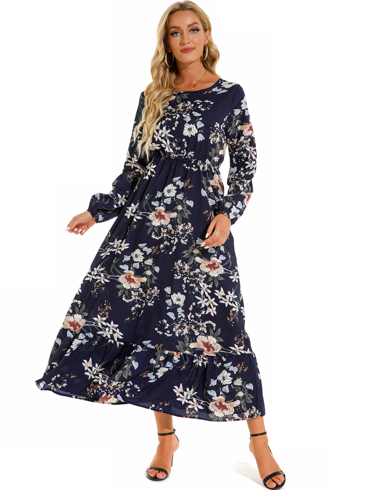 European and American floral long, round-neck, long-sleeved, waist-cinching and slimming dress pic 53