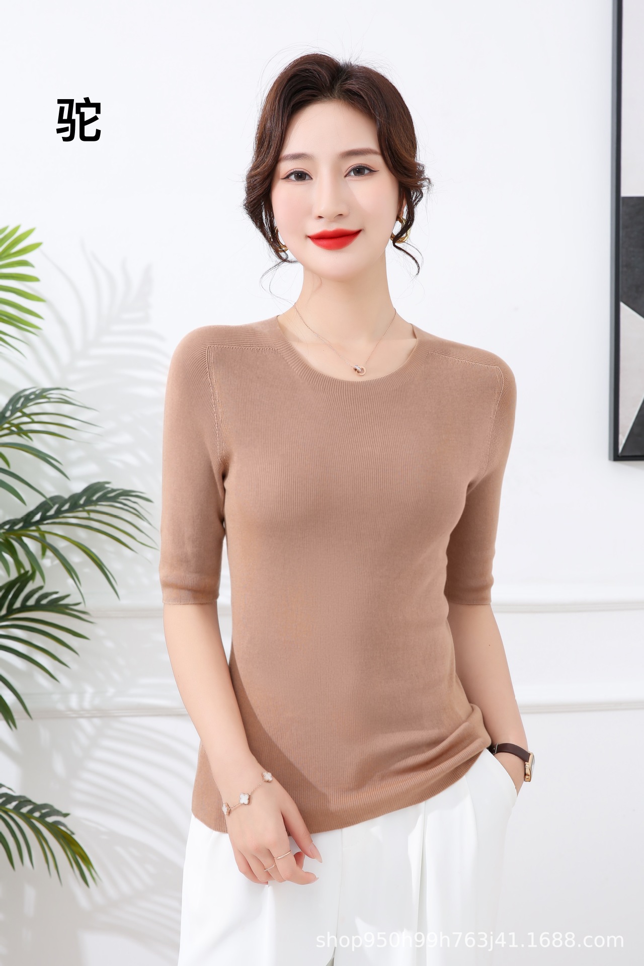 100天丝莱赛尔夏薄款可机洗短袖体恤女圆领套头针织无缝T恤上衣详情4