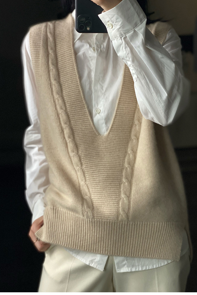 秋季新款女士V领坎肩宽松大码针织毛衣韩版精纺羊毛扭花马甲背心详情7