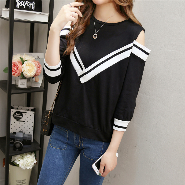 Spring and Autumn new versatile T-shirt for women, 7-inch sleeved off-the-shoulder long-sleeved sexy half-sleeved top pic 20