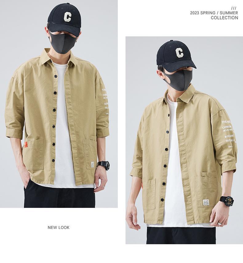 衬衫男士夏装新款韩版帅气潮流短袖衬衣服休闲学生七分袖外套寸衣详情9