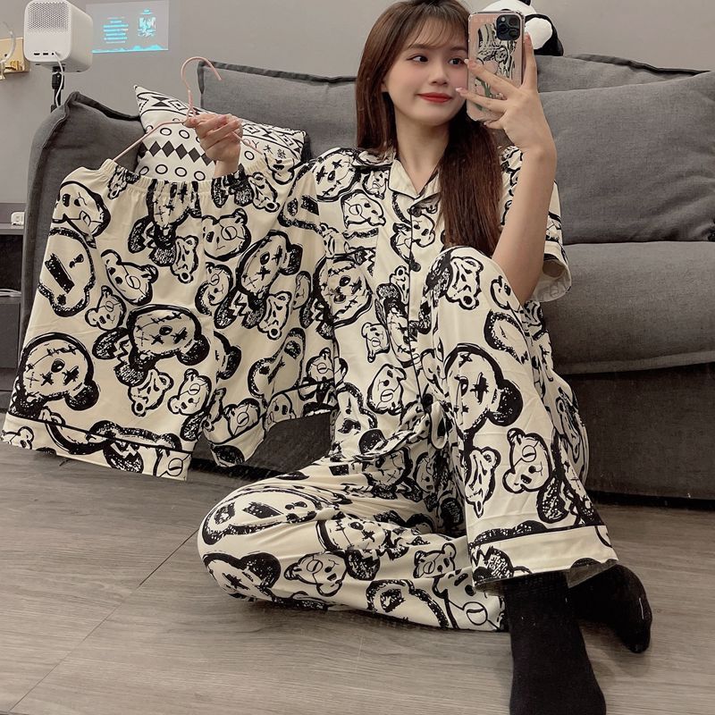 20款直播短袖开衫仿棉INS夏季情侣睡衣居家休闲宽松家居服三件套详情13