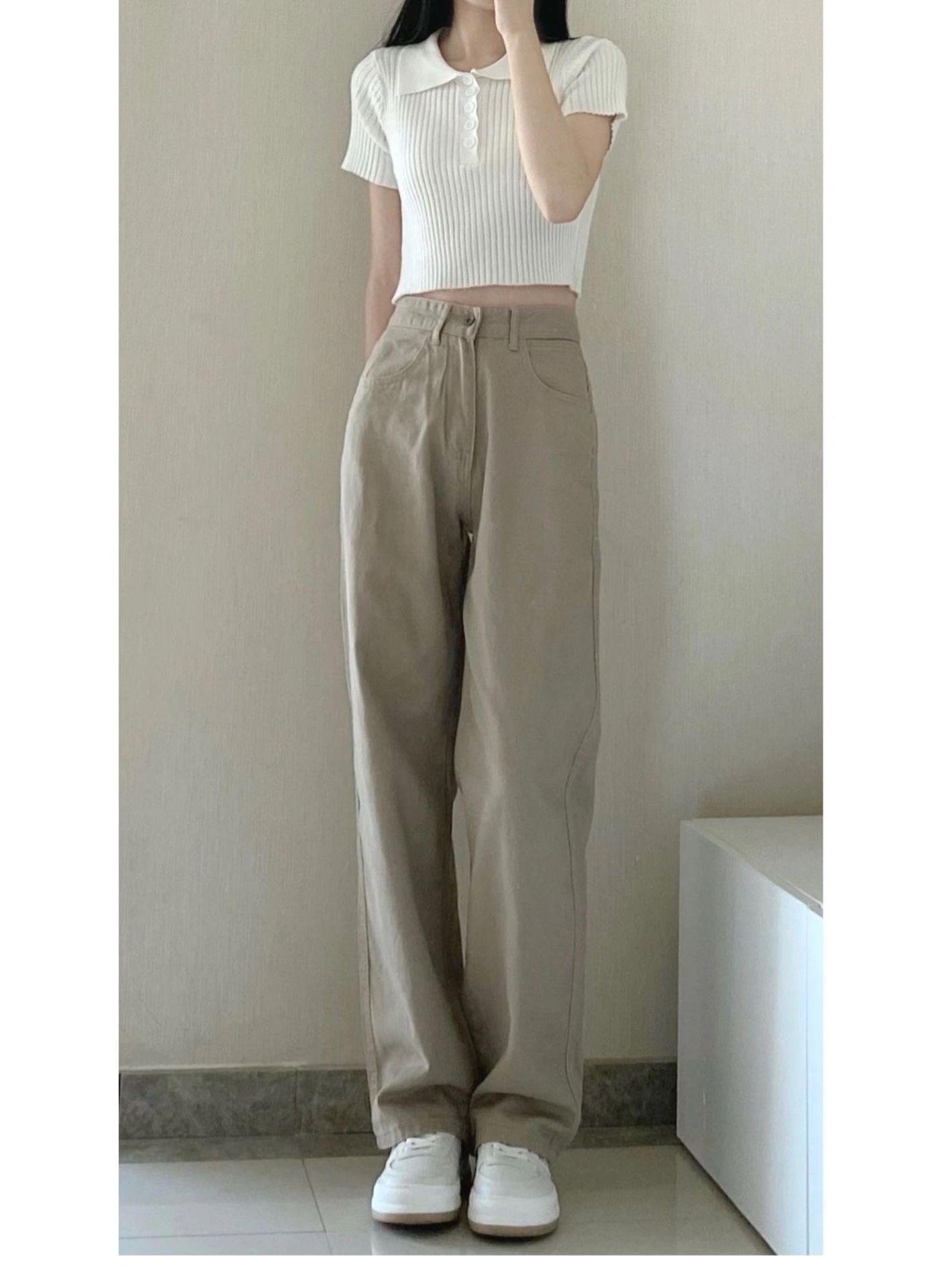 The 2022 Spring/Summer new khaki straight-leg wide-leg jeans make women look slimmer and taller. They are loose, high-waisted, floor-length and paired with long pants pic 16