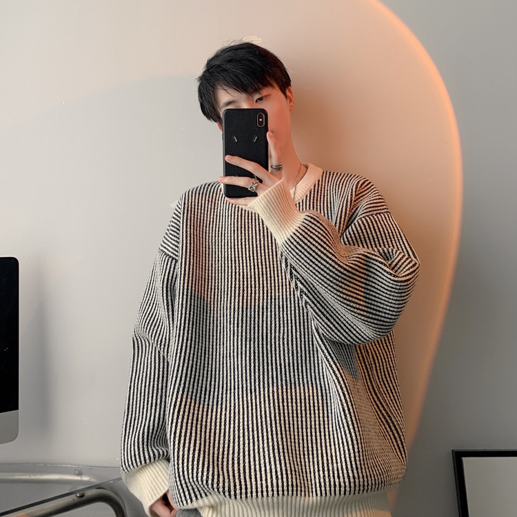 圆领条纹毛衣男款秋冬新款时尚套头针织衫日系复古宽松百搭上衣服详情19