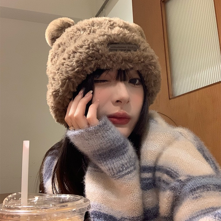 韩系可爱小熊毛绒针织帽子女秋冬季加厚保暖包头帽仿皮草套头盆帽详情17