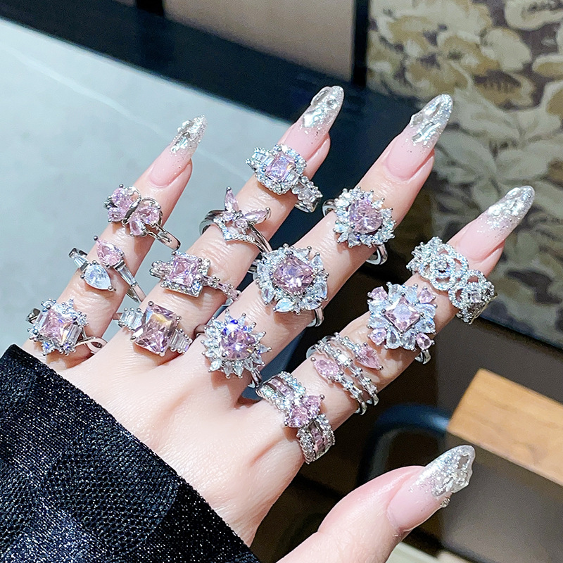 Sweet and Cool Style series pink zircon colored gemstone open ring, light luxury and high-end feel, unique flower Little Red Book Ring girl pic 3