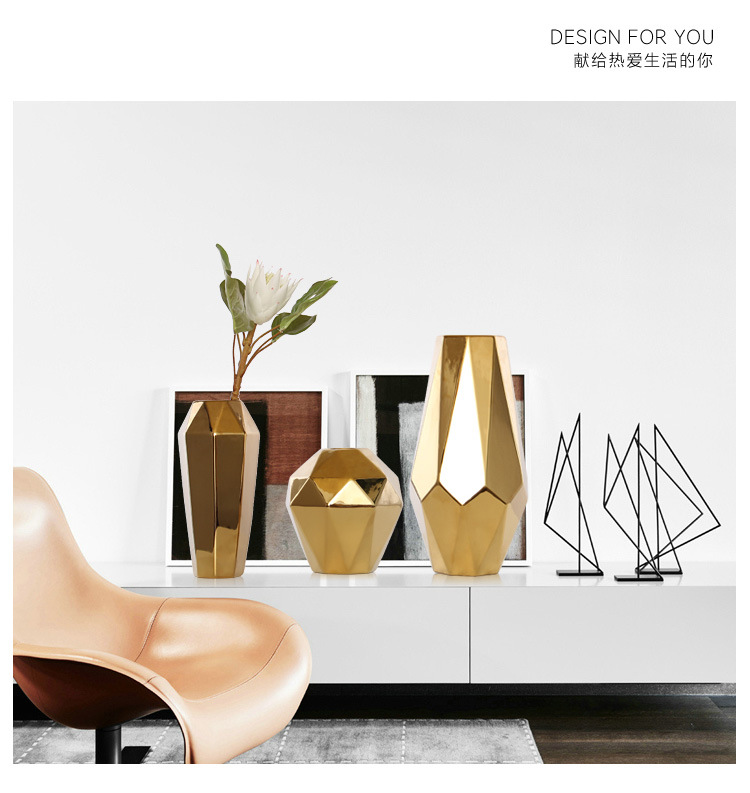 chinagoods light luxury electroplated simple Nordic noble gold geometric abstract hotel and home wine cabinets, TV cabinets, dining room and living room ceramic vases, soft decoration ornaments pic 3