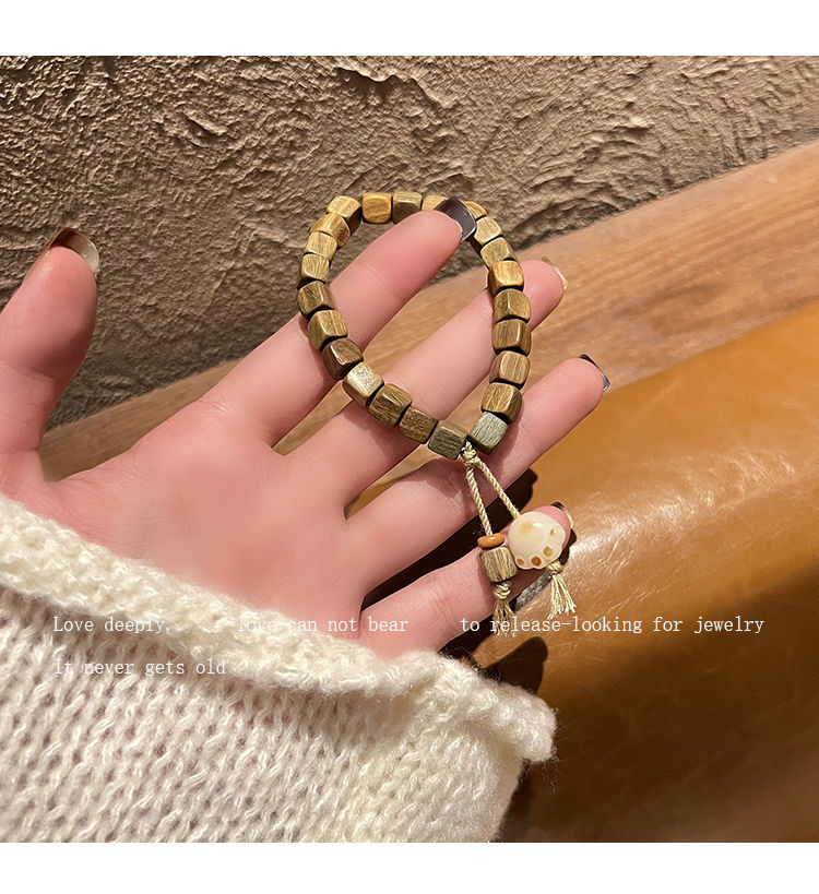 绿檀木可爱猫爪佛珠手串新中式民族风小众叠带手链送闺蜜百搭饰品详情6