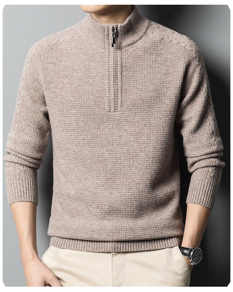 New autumn and winter 100% pure wool sweater for men, thickened semi-high neck zipper wool pullover business knitted sweater pic 12