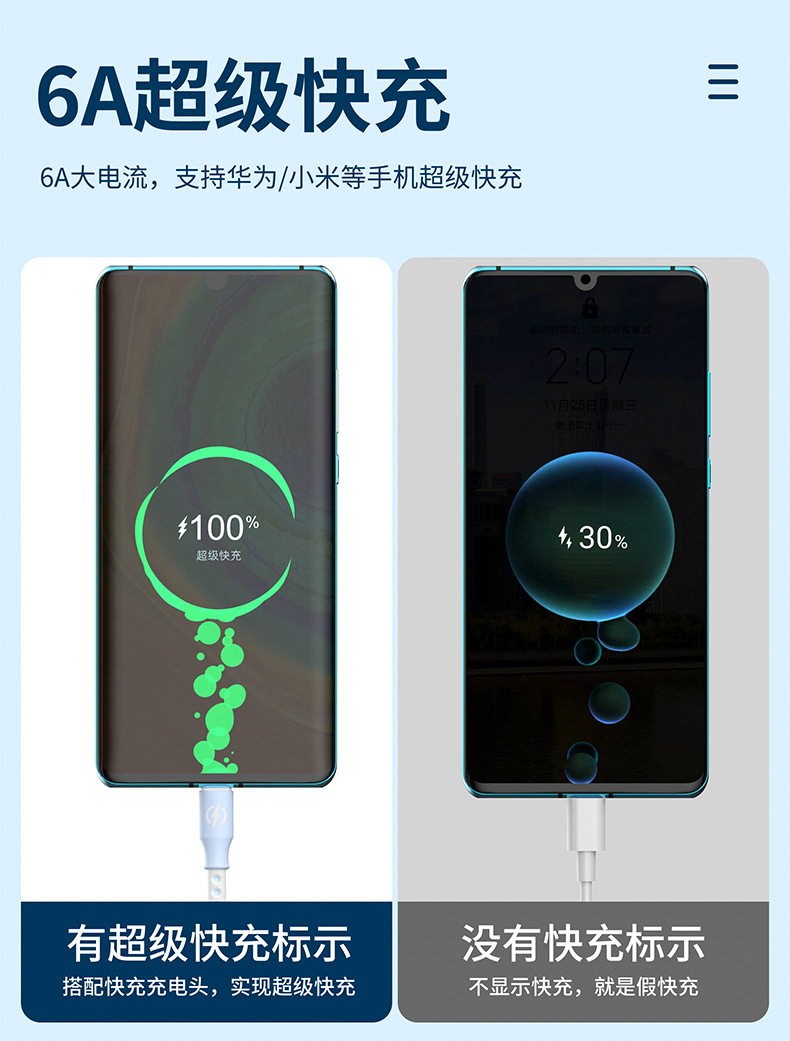 新款跨境6A超级快充一拖三数据线 1.2米液态三合一快充充电线现货详情5