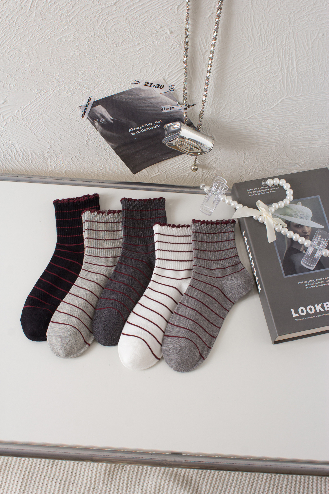 Autumn and winter grey striped socks for women, mid-calf cotton socks, ins trendy Japanese Ankola red flower-trimmed long socks pic 1