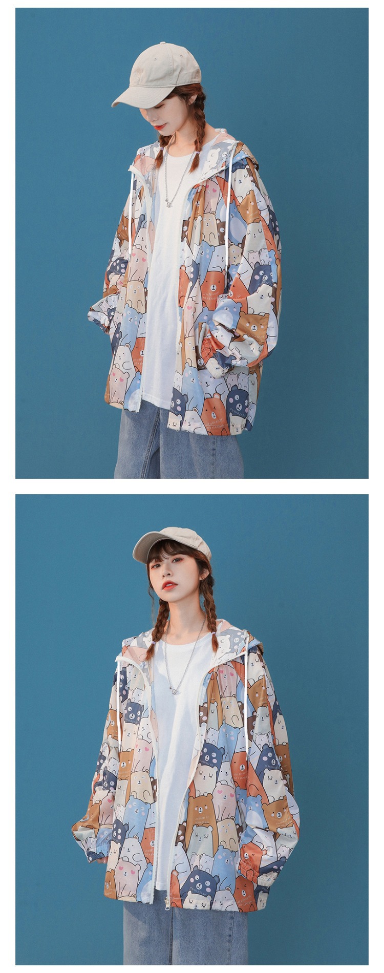 A large-sized loose hooded sun-protective cardigan with a zipper jacket for women, a new summer design with a unique and niche long-sleeved sun-protective clothing pic 6