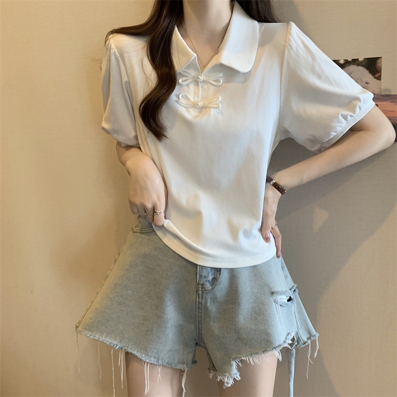 正肩Polo领短袖T恤女夏季大码胖mm显瘦新中式国风上衣泡泡袖小衫详情2