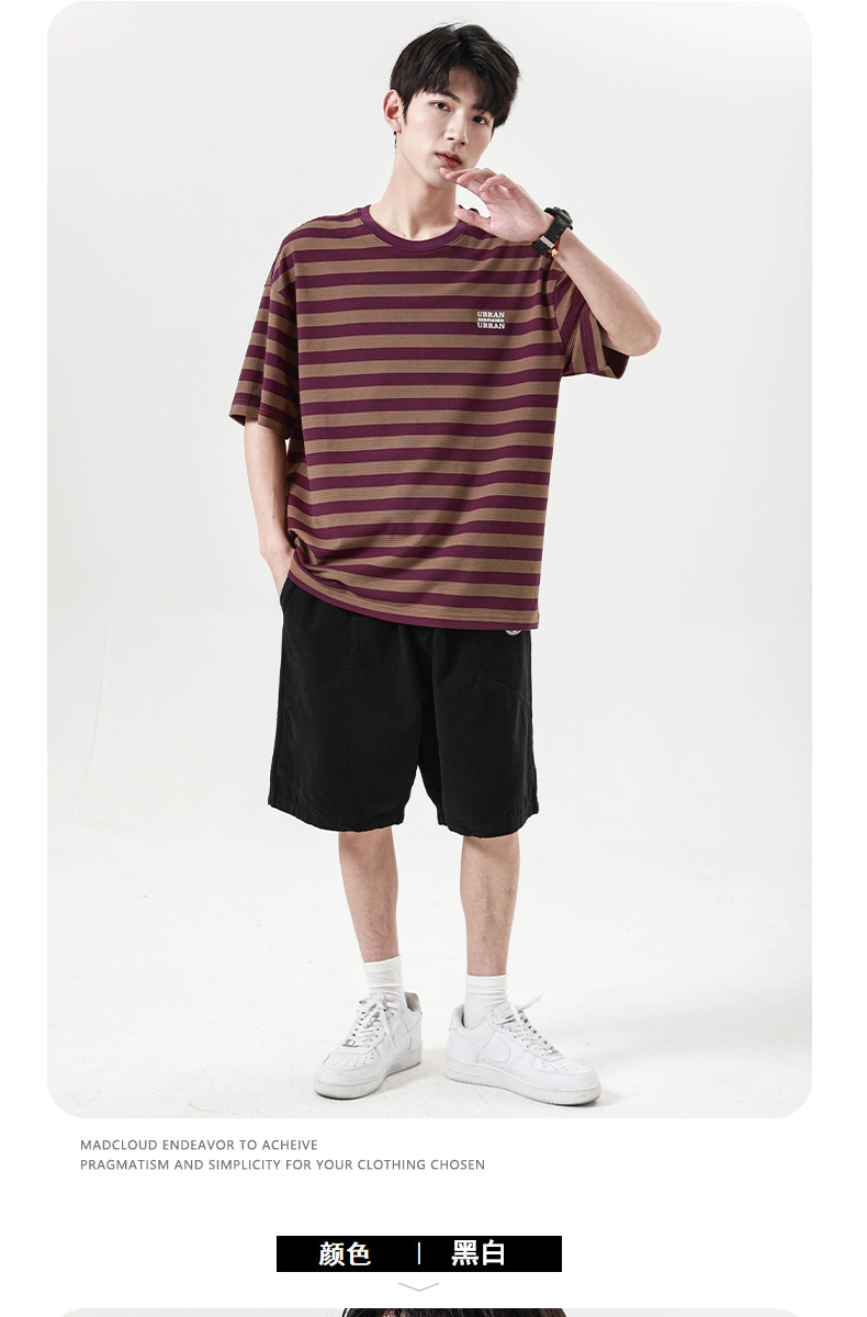 古川男装|2024夏季新款提花条纹短袖男宽松圆领套图百搭学生半袖详情8