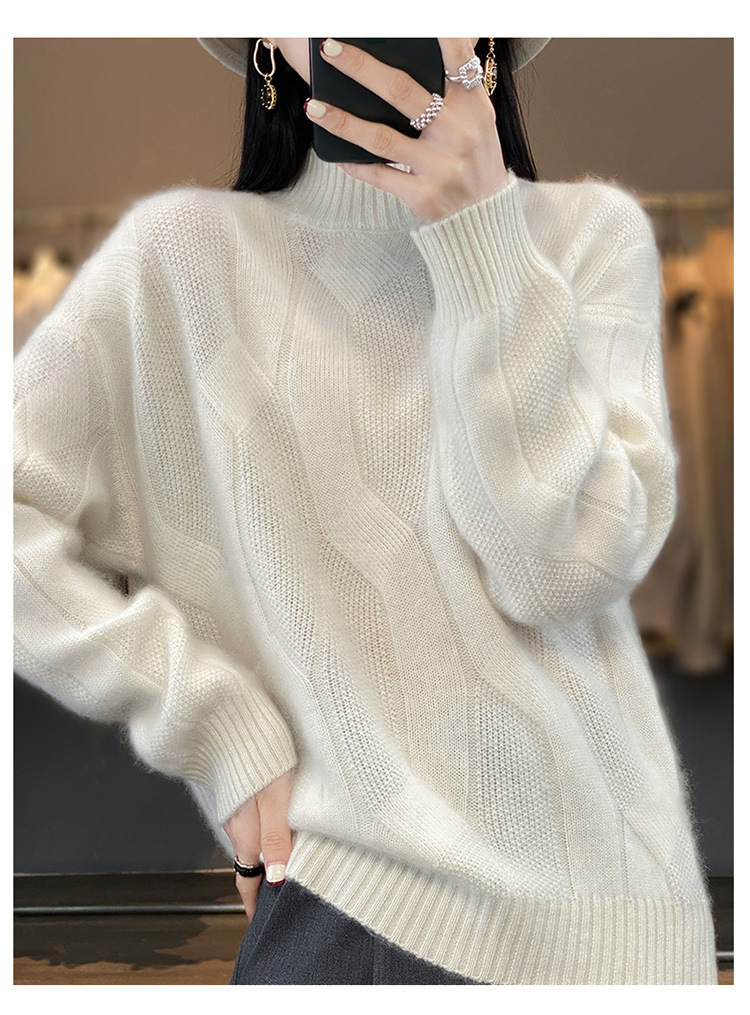 2024 New style 100 wool sweater for women, semi-high neck, thickened with twist, solid color, simple sweater, loose and slimming knitted sweater pic 15