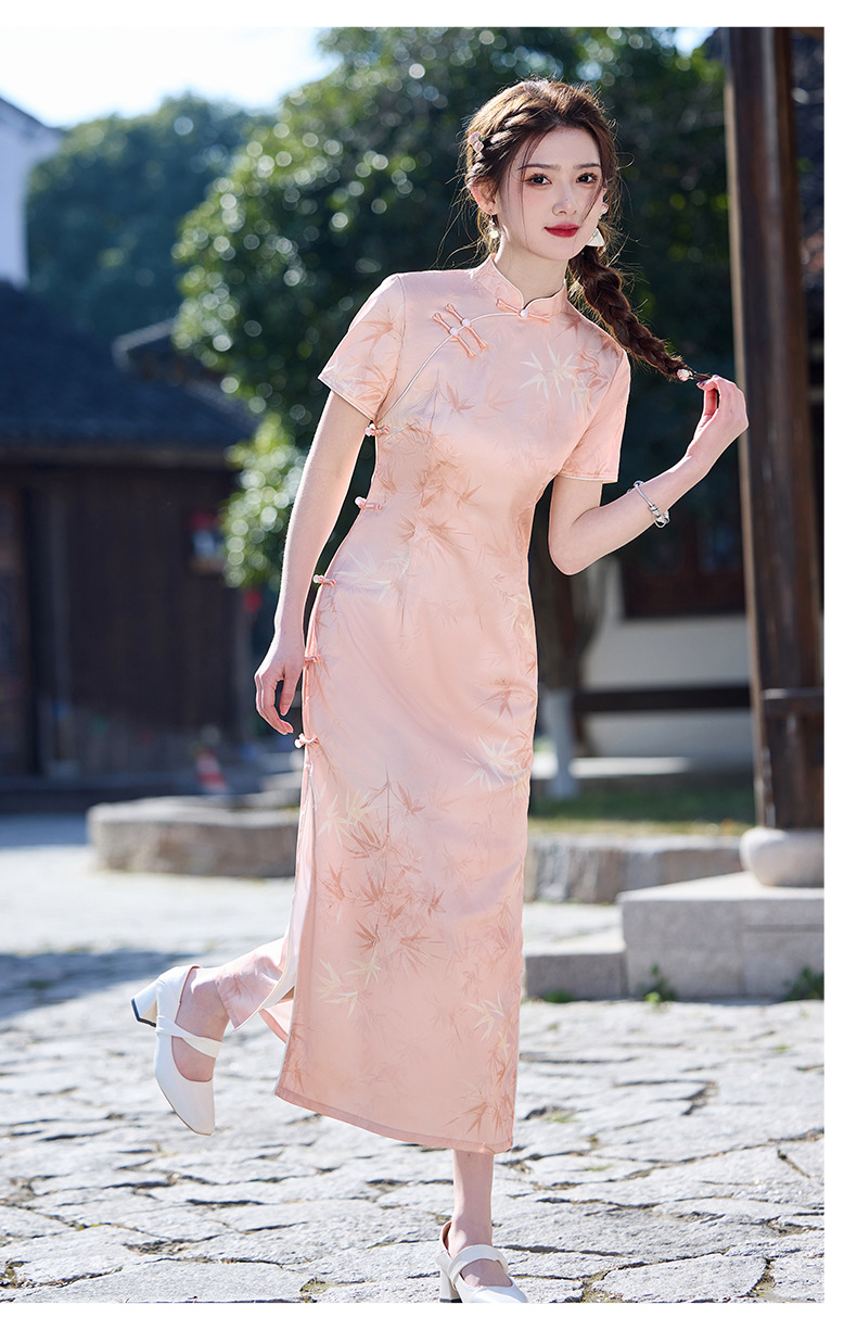 国潮粉色竹叶淑女旗袍2025年春季新款双层改良提花日常年轻详情12