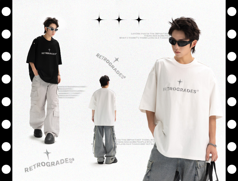 Shoulder four-button design T-shirt for men, loose American streetwear brand, metallic texture printed high street short-sleeved T-shirt, summer q pic 1