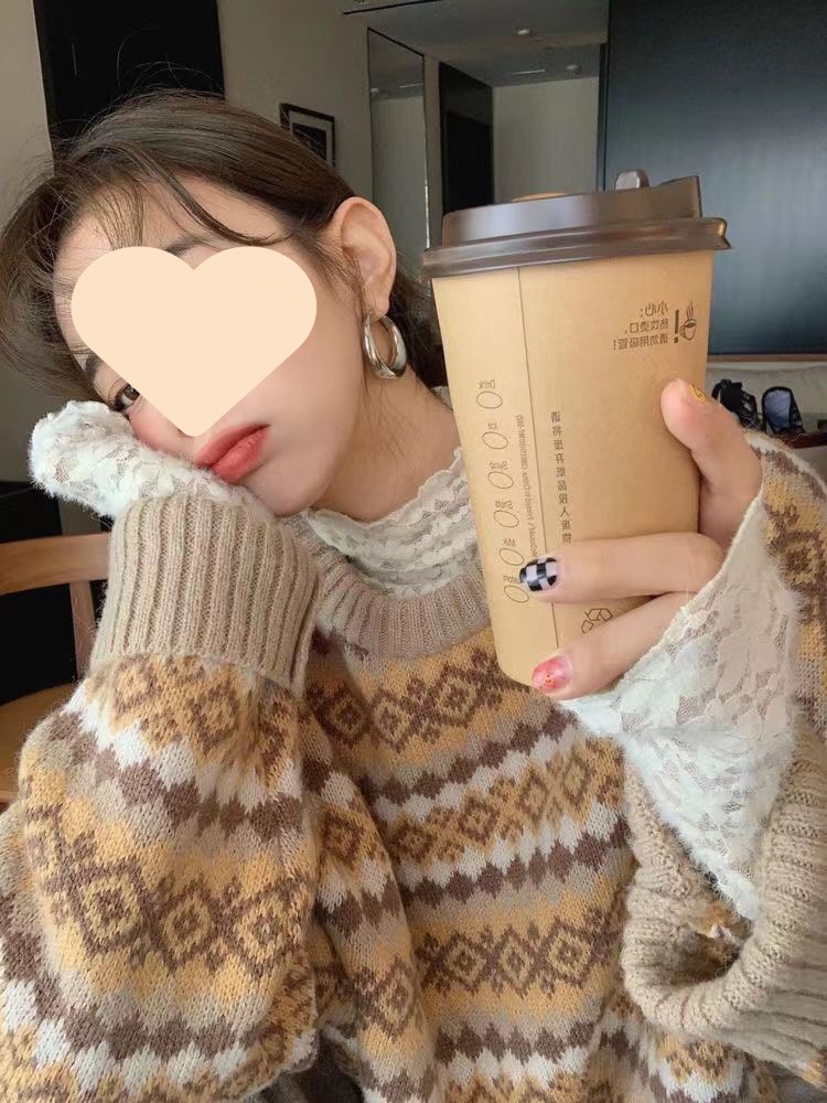 2023秋冬新款韩版宽松菱格毛衣女设计感小众针织衫复古休闲慵懒风详情8