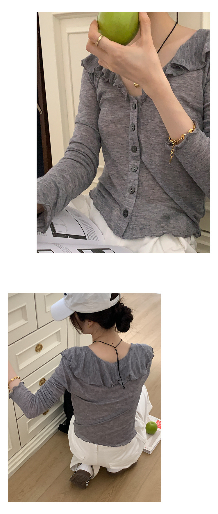 【法式别致的】木耳边V领T恤女2023秋季新款休闲百搭长袖开衫上衣详情22