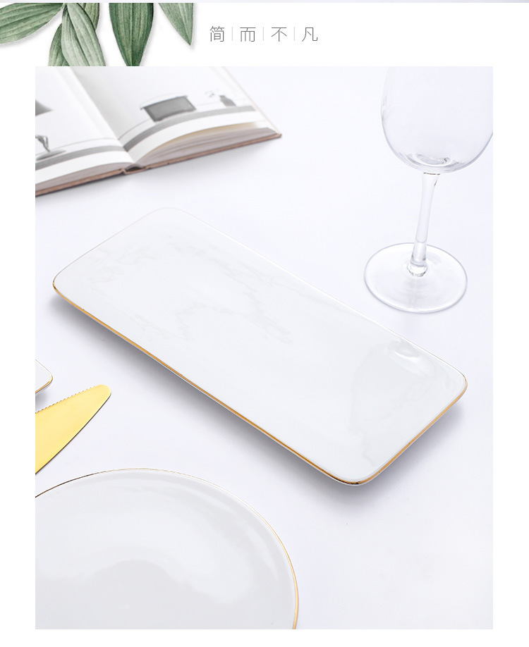 Rectangular flat plate with golden edges, pure white cake plate, dessert, sushi, snack arrangement, afternoon tea, banquet, steak plate pic 27