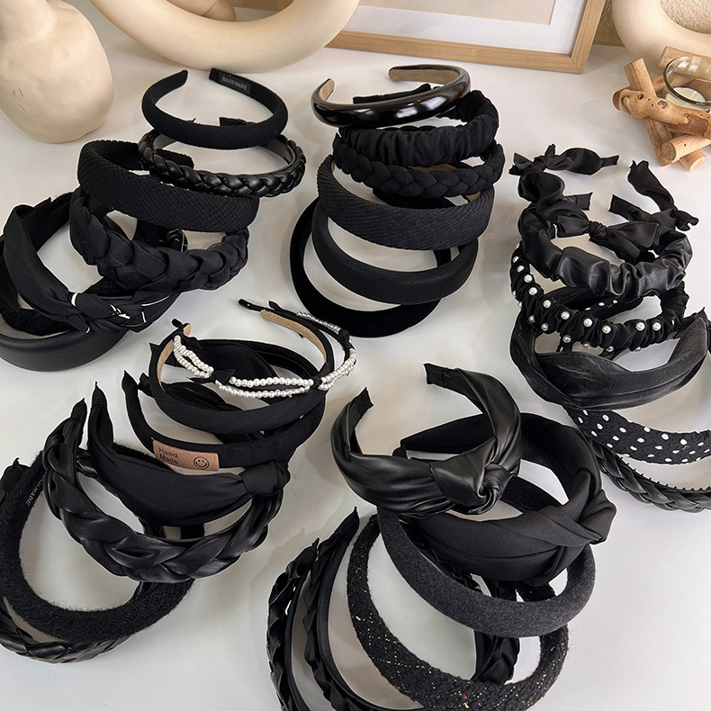 French elegant black hairband, sweet pearl braided hairpin, knitted height-increasing headband, wide-edge hairpin for women pic 10