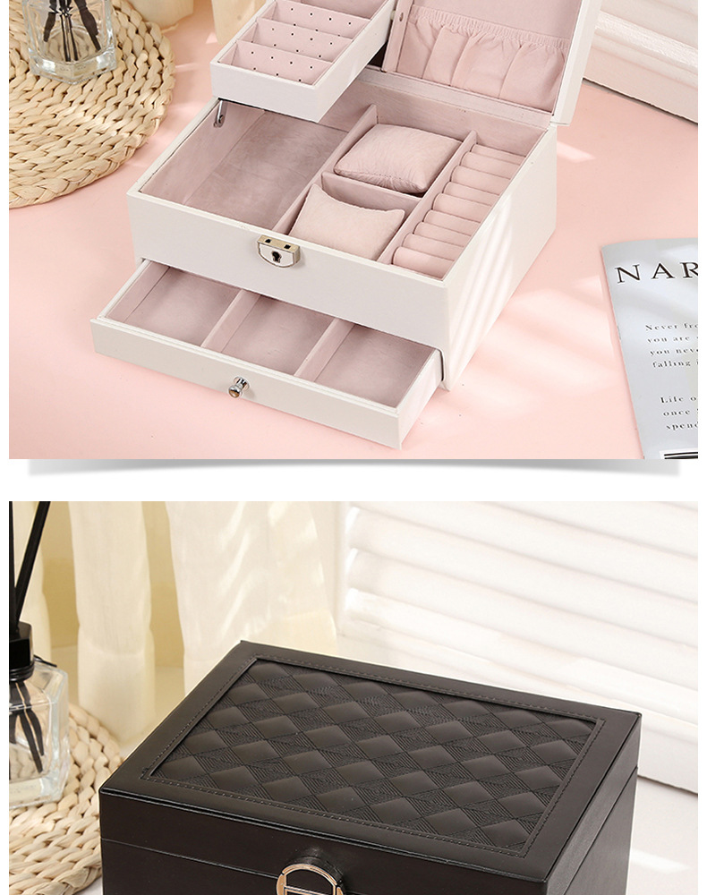 北欧爆款首饰收纳盒儿童珠宝盒亚马逊双层绒布抽屉带锁木质首饰盒详情25